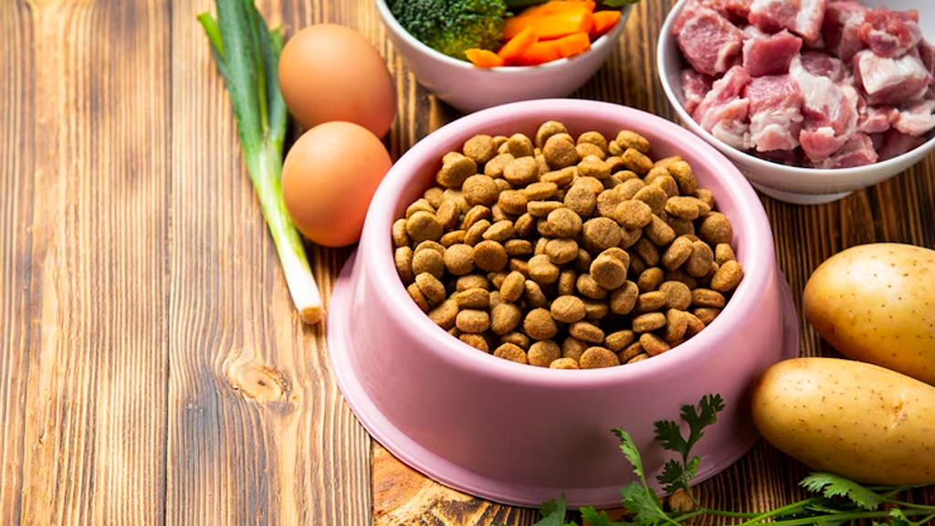 Uma tigela de comida de cachorro e legumes em uma mesa de madeira.