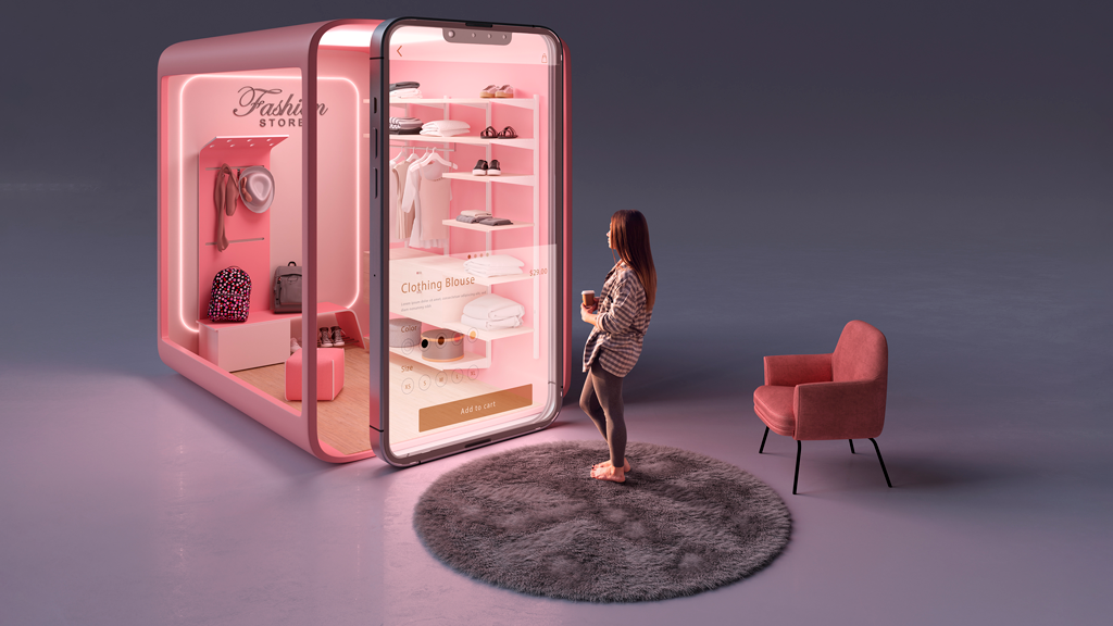 uma mulher está olhando para uma loja de roupas dentro de um smartphone.