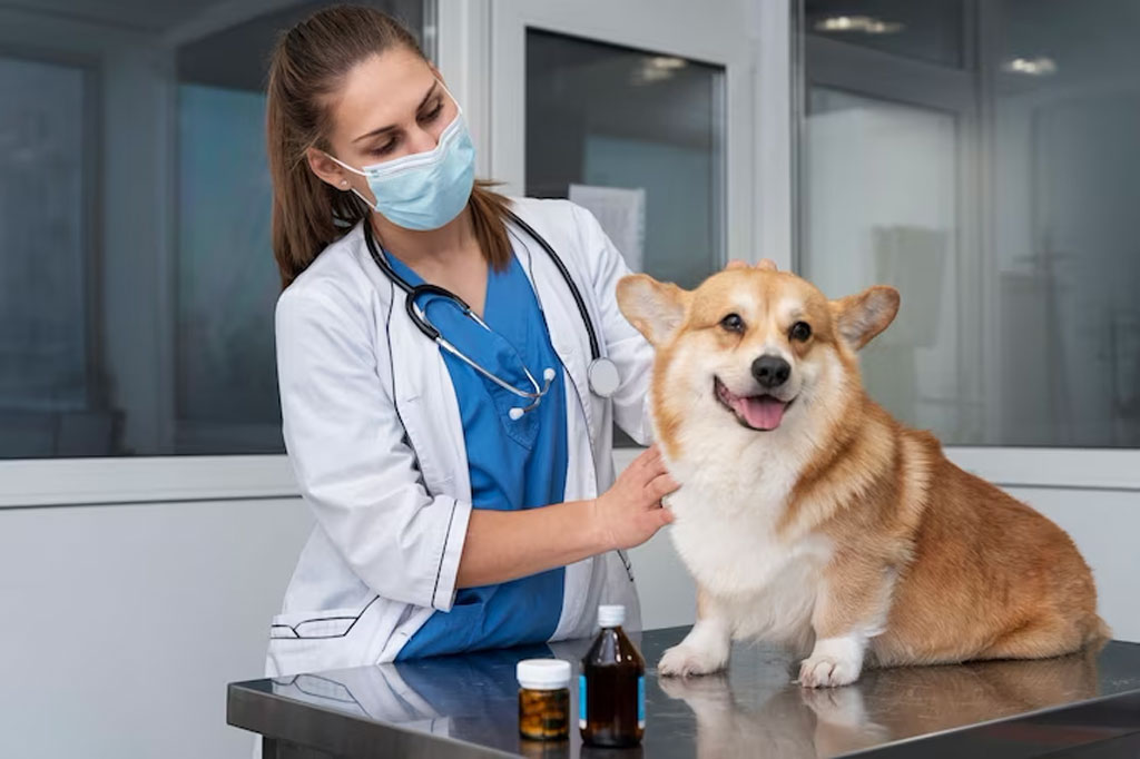 uma veterinária está acariciando um cachorro corgi no consultório.