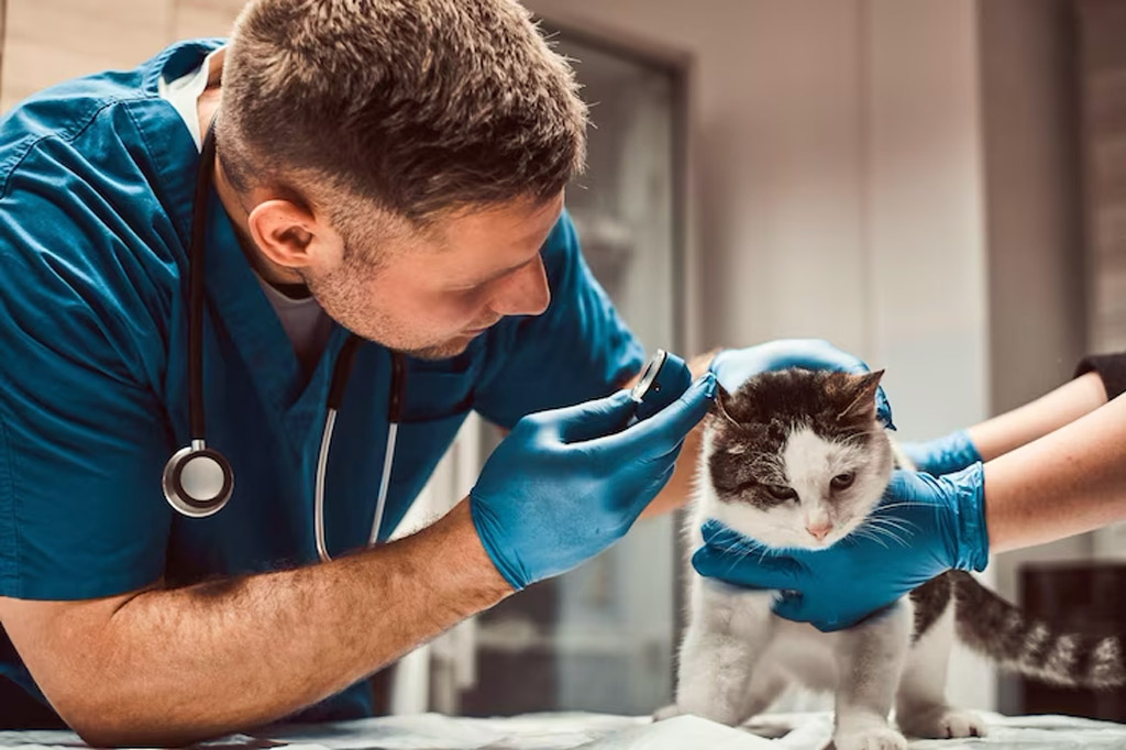 Um veterinário está examinando um gato no consultório.