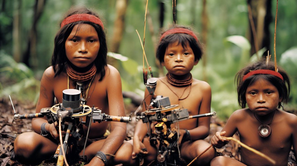 um grupo de crianças indígenas na floresta.
